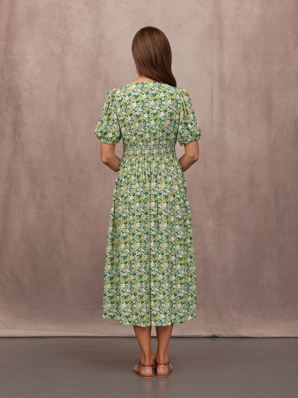 Maddie Short Blouson Sleeve Dress - Green Micro Floral Print