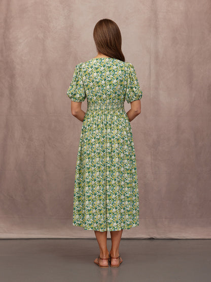Maddie Short Blouson Sleeve Dress - Green Micro Floral Print