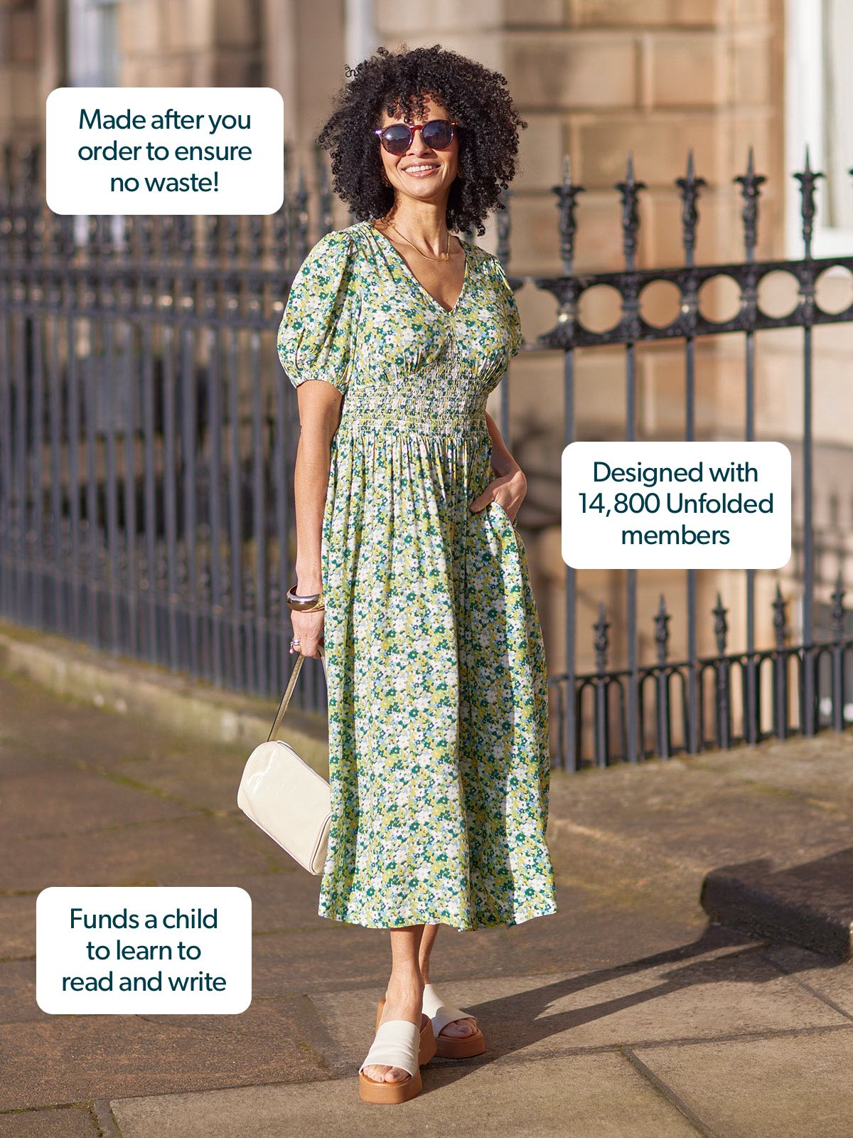 Maddie Short Blouson Sleeve Dress - Green Micro Floral Print