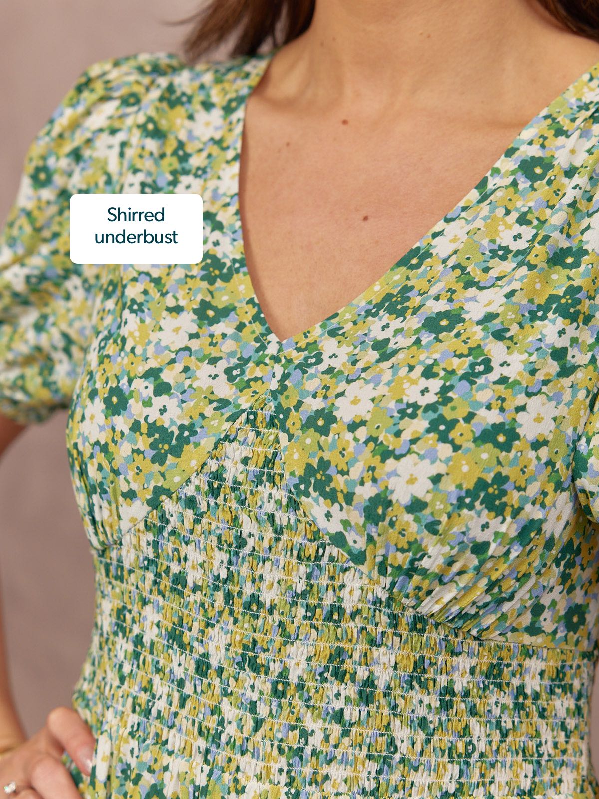 Maddie Short Blouson Sleeve Dress - Green Micro Floral Print