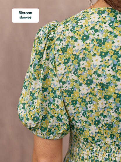 Maddie Short Blouson Sleeve Dress - Green Micro Floral Print