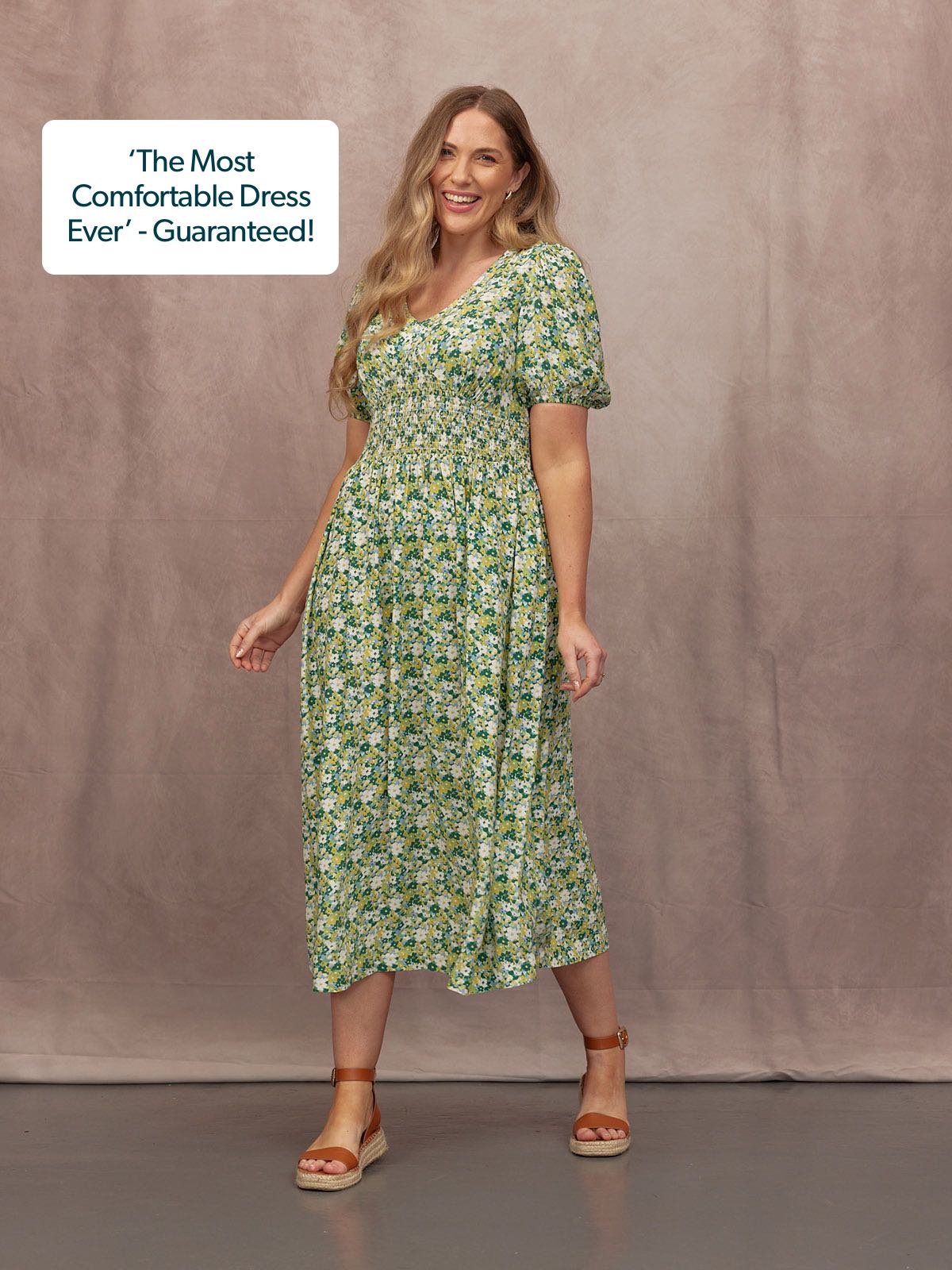 Maddie Short Blouson Sleeve Dress - Green Micro Floral Print