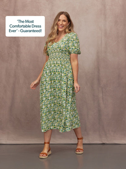 Maddie Short Blouson Sleeve Dress - Green Micro Floral Print