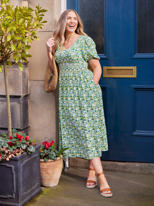 Maddie Short Blouson Sleeve Dress - Green Micro Floral Print