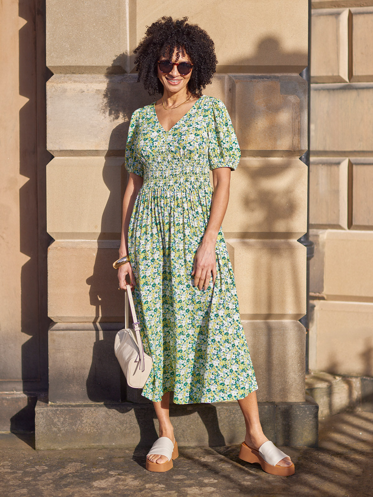 Maddie Short Blouson Sleeve Dress - Green Micro Floral Print