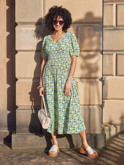 Maddie Short Blouson Sleeve Dress - Green Micro Floral Print