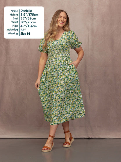 Maddie Short Blouson Sleeve Dress - Green Micro Floral Print