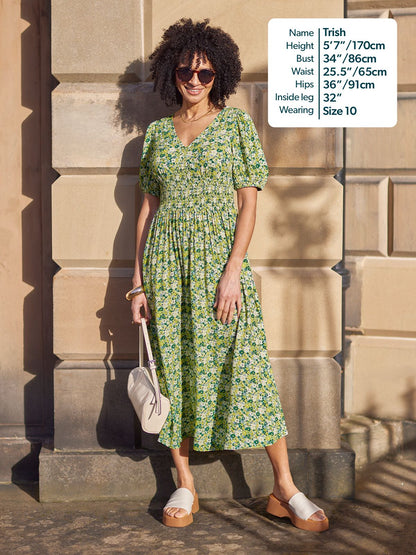 Maddie Short Blouson Sleeve Dress - Green Micro Floral Print