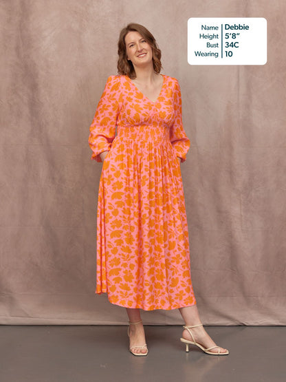 Maddie V-Neck Dress - Pink & Orange Floral Print