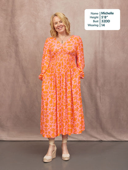 Maddie V-Neck Dress - Pink & Orange Floral Print