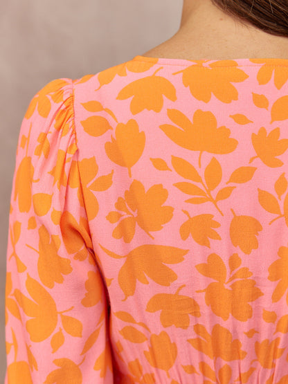 Maddie V-Neck Dress - Pink & Orange Floral Print