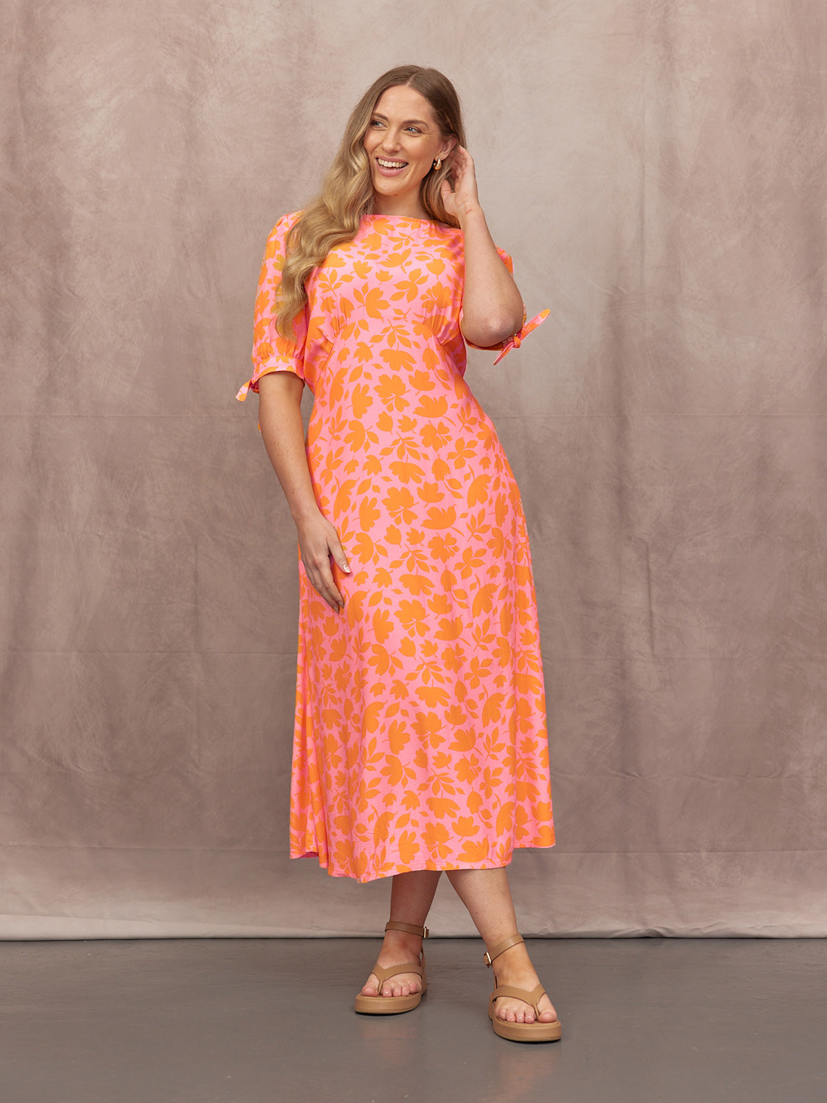 Sally Grace Tie Sleeve Dress - Pink & Orange Floral Print