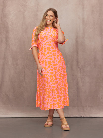 Sally Grace Tie Sleeve Dress - Pink & Orange Floral Print
