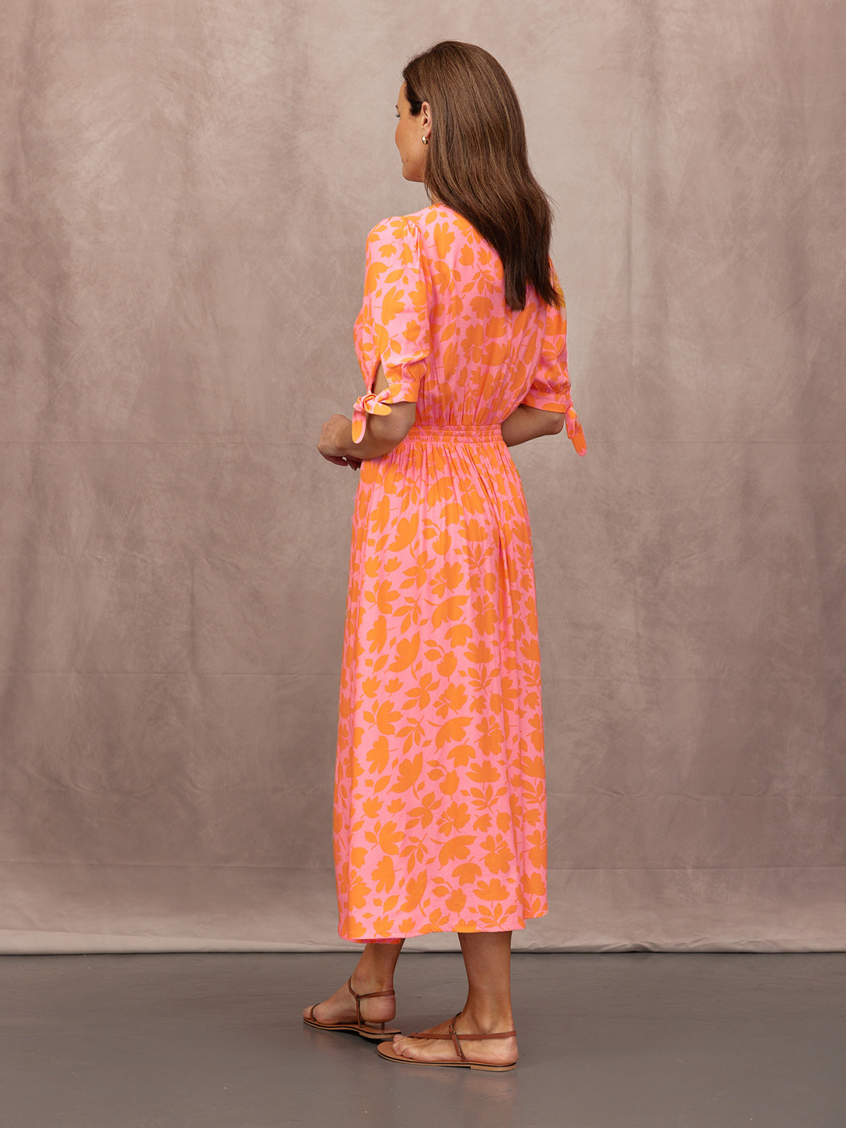 Sally Grace Tie Sleeve Dress - Pink & Orange Floral Print