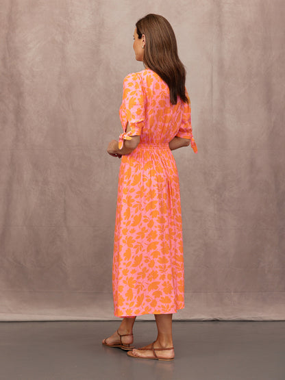 Sally Grace Tie Sleeve Dress - Pink & Orange Floral Print