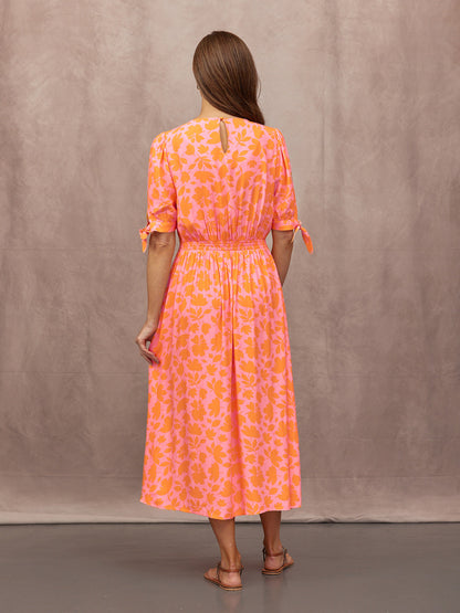 Sally Grace Tie Sleeve Dress - Pink & Orange Floral Print