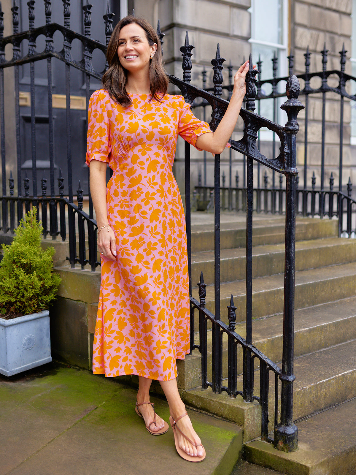 Sally Grace Tie Sleeve Dress - Pink & Orange Floral Print