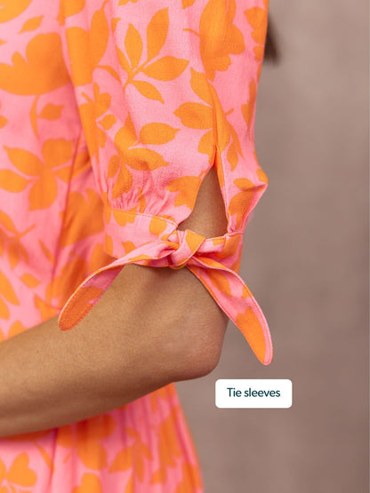 Sally Grace Tie Sleeve Dress - Pink & Orange Floral Print