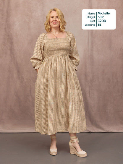 Sam Shirred Puff Sleeve Dress - Brown Gingham Print