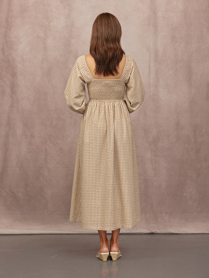 Sam Shirred Puff Sleeve Dress - Brown Gingham Print