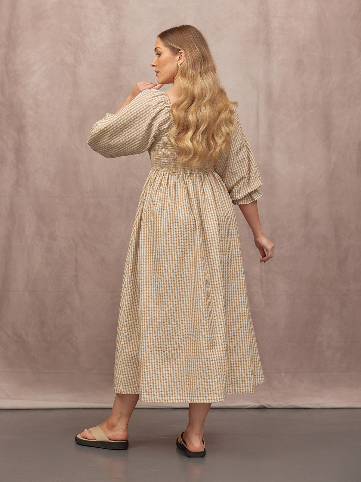 Sam Shirred Puff Sleeve Dress - Brown Gingham Print