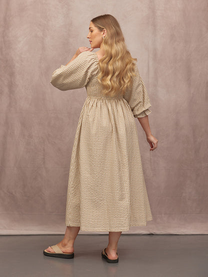 Sam Shirred Puff Sleeve Dress - Brown Gingham Print