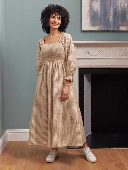 Sam Shirred Puff Sleeve Dress - Brown Gingham Print