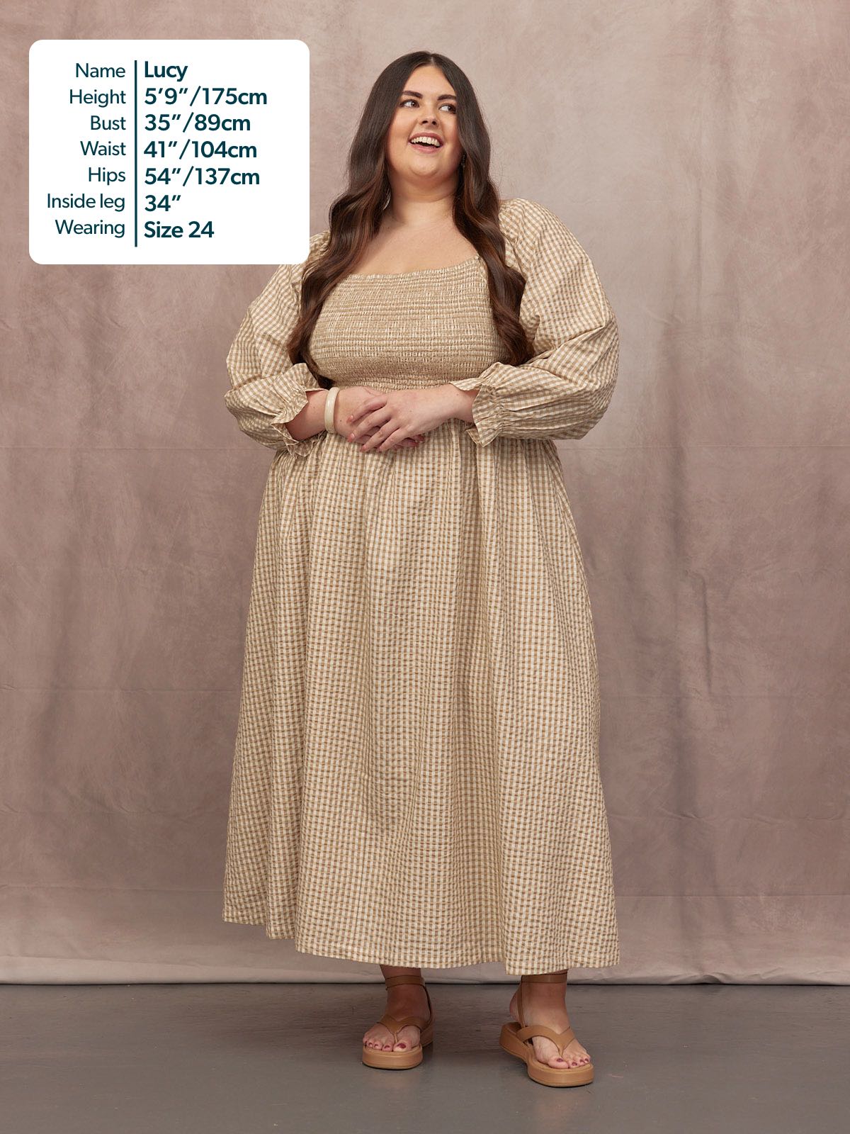 Sam Shirred Puff Sleeve Dress - Brown Gingham Print