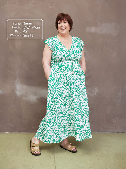 Susan Maxi Dress - White & Green Linear Print