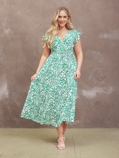 Susan Maxi Dress - White & Green Linear Print