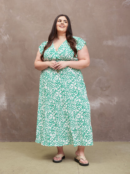 Susan Maxi Dress - White & Green Linear Print