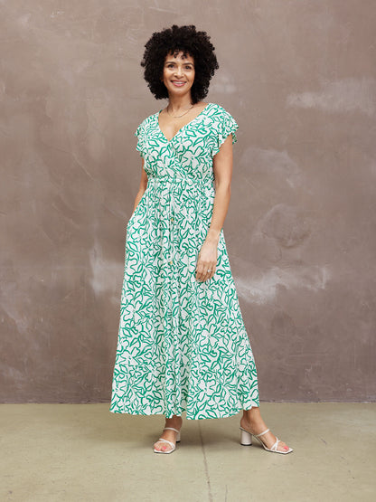 Susan Maxi Dress - White & Green Linear Print