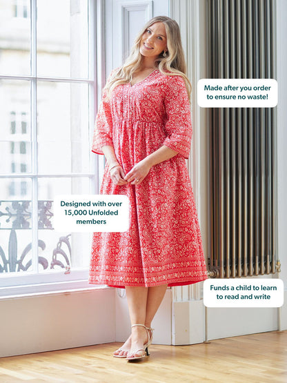 Cindy Kimono Sleeve Midi Dress - Red & Ecru Paisley Print