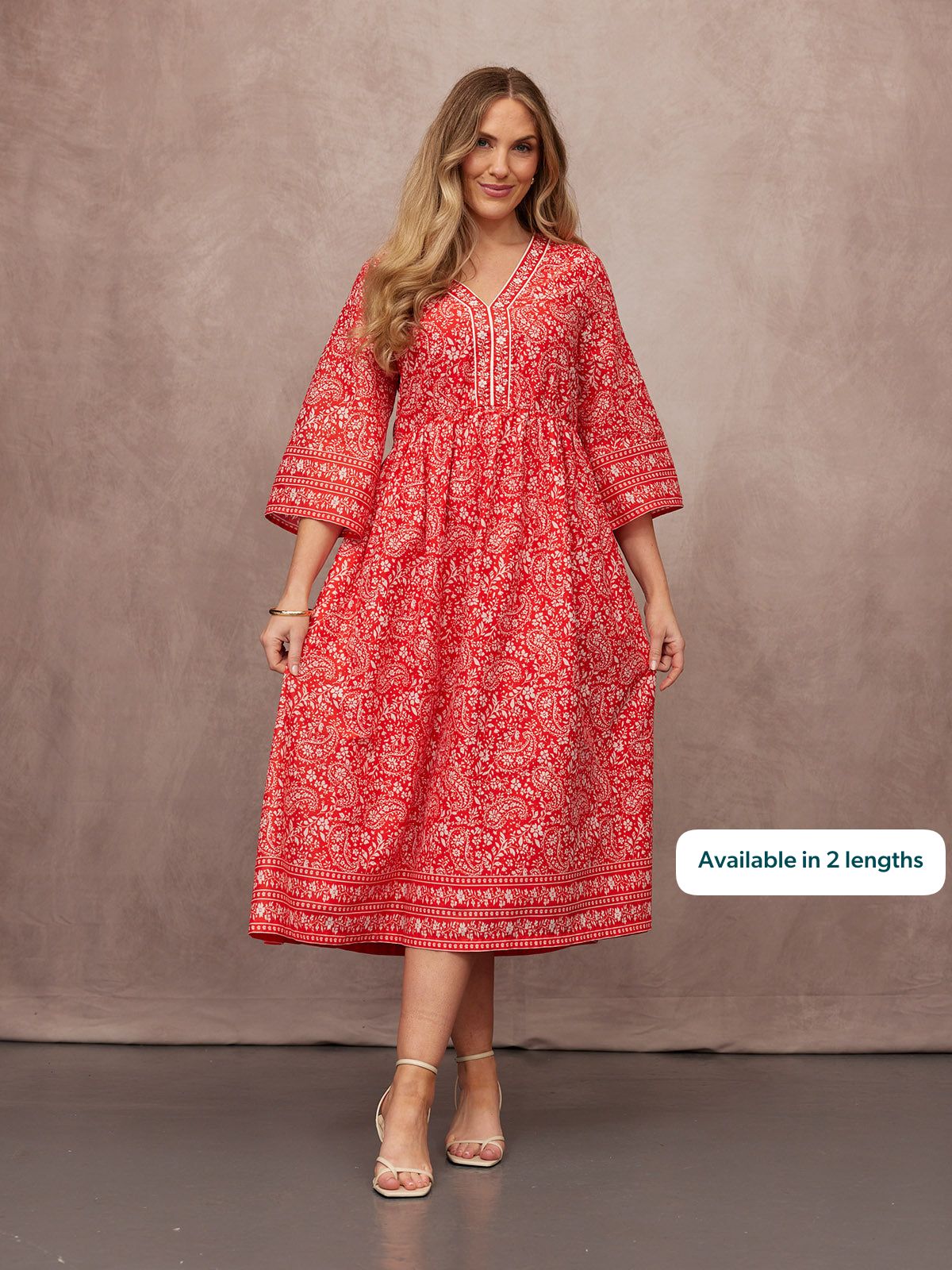 Cindy Kimono Sleeve Midi Dress - Red & Ecru Paisley Print