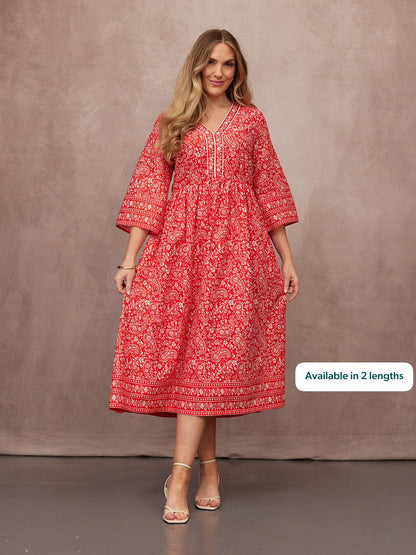 Cindy Kimono Sleeve Midi Dress - Red & Ecru Paisley Print