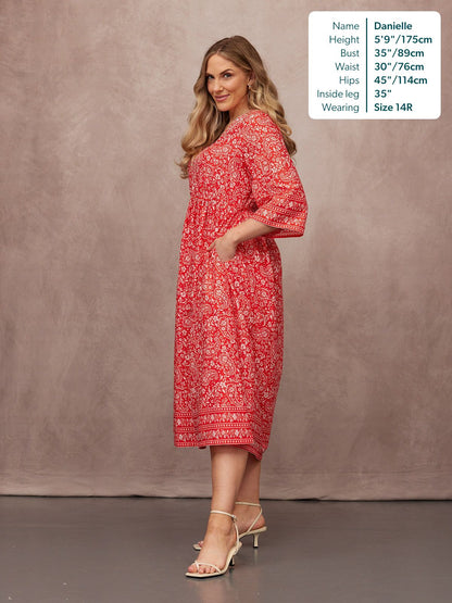 Cindy Kimono Sleeve Midi Dress - Red & Ecru Paisley Print