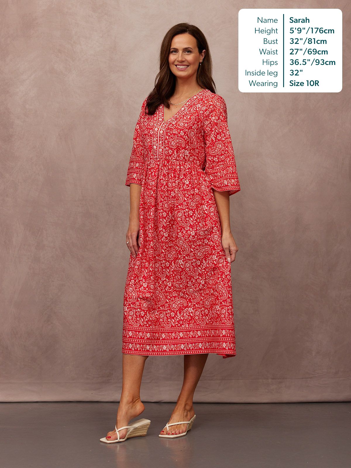 Cindy Kimono Sleeve Midi Dress - Red & Ecru Paisley Print