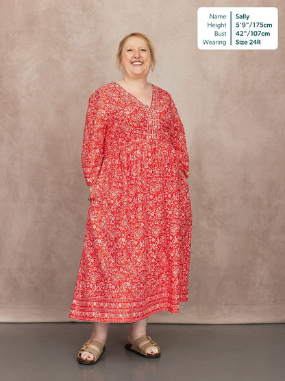 Cindy Kimono Sleeve Midi Dress - Red & Ecru Paisley Print