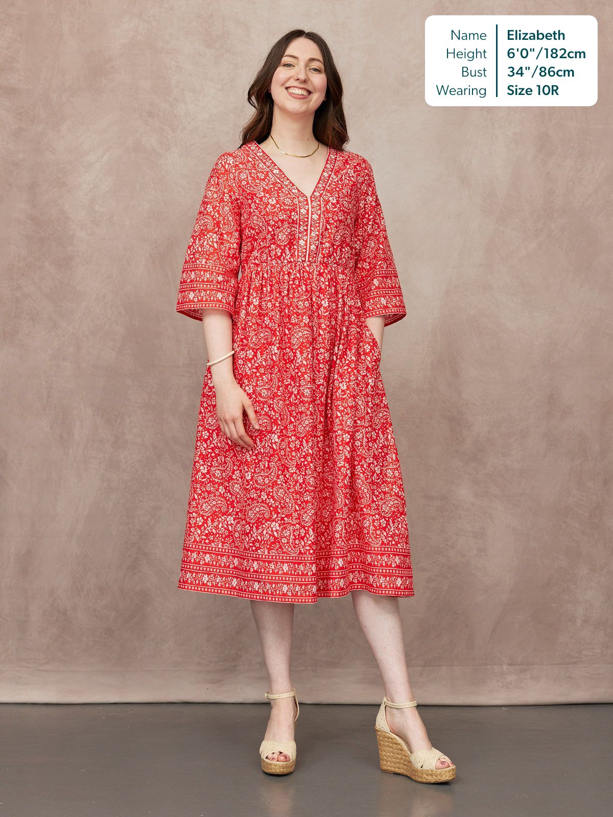 Cindy Kimono Sleeve Midi Dress - Red & Ecru Paisley Print