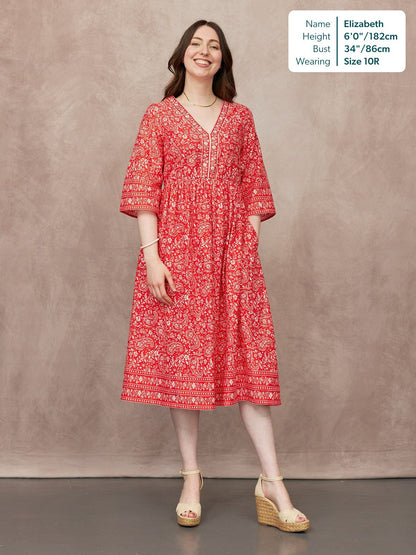 Cindy Kimono Sleeve Midi Dress - Red & Ecru Paisley Print