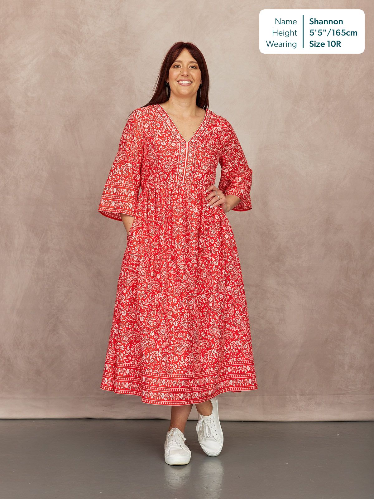 Cindy Kimono Sleeve Midi Dress - Red & Ecru Paisley Print