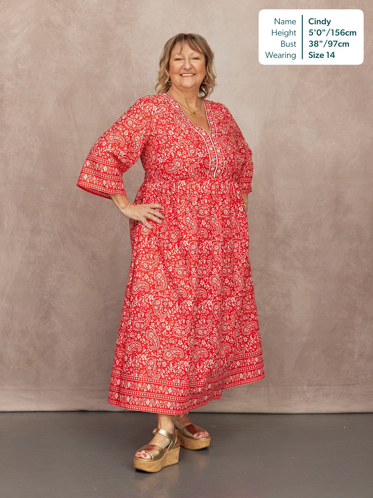 Cindy Kimono Sleeve Midi Dress - Red & Ecru Paisley Print