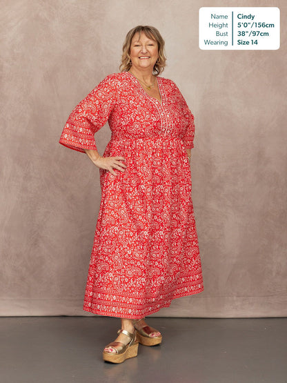 Cindy Kimono Sleeve Midi Dress - Red & Ecru Paisley Print