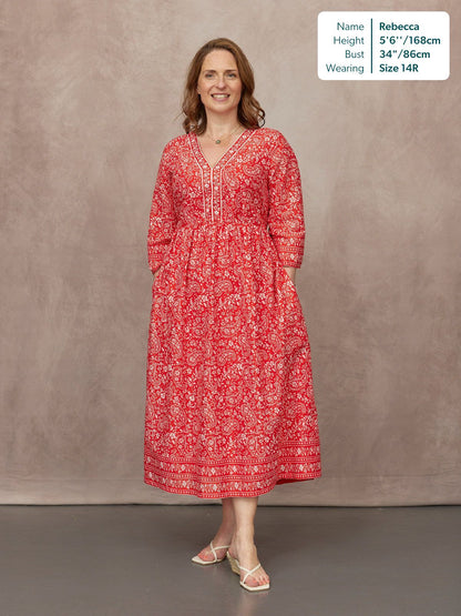 Cindy Kimono Sleeve Midi Dress - Red & Ecru Paisley Print