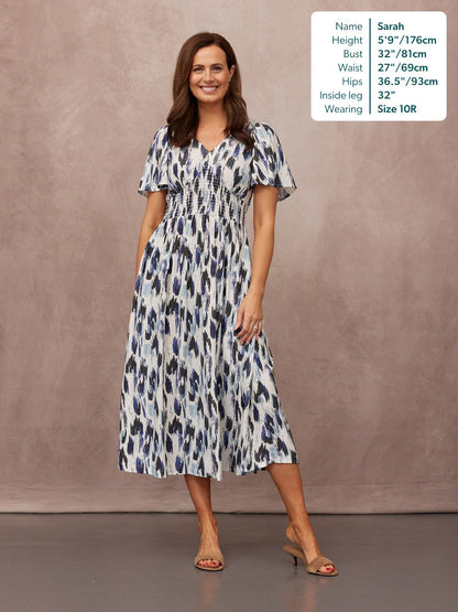 Maddie Short Sleeve Dress - Navy Ikat Print
