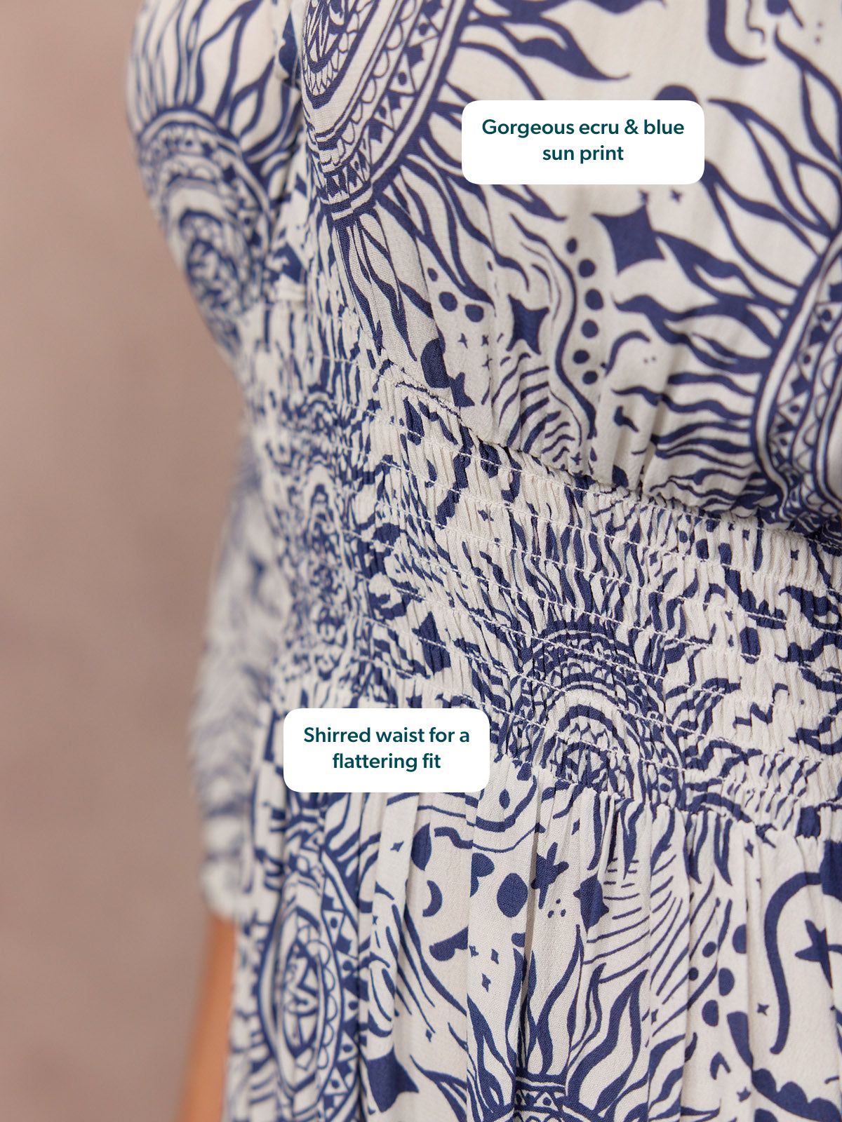 Marisol Round Neck Shirred Dress - Ecru & Blue Sun Print
