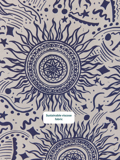 Marisol Round Neck Shirred Dress - Ecru & Blue Sun Print