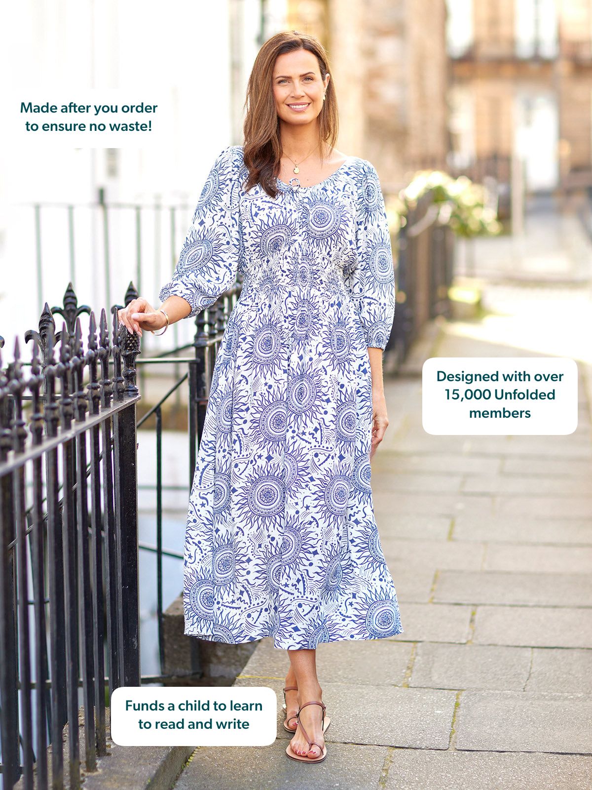 Marisol Round Neck Shirred Dress - Ecru & Blue Sun Print