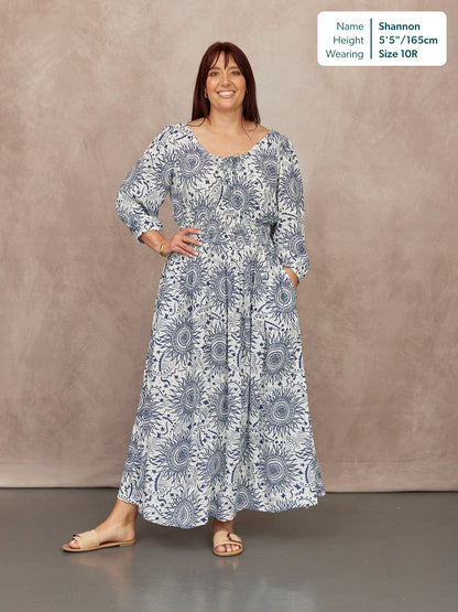 Marisol Round Neck Shirred Dress - Ecru & Blue Sun Print