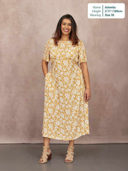 Rupali Angel Sleeve Tea Dress - Mustard & Ecru Floral Print